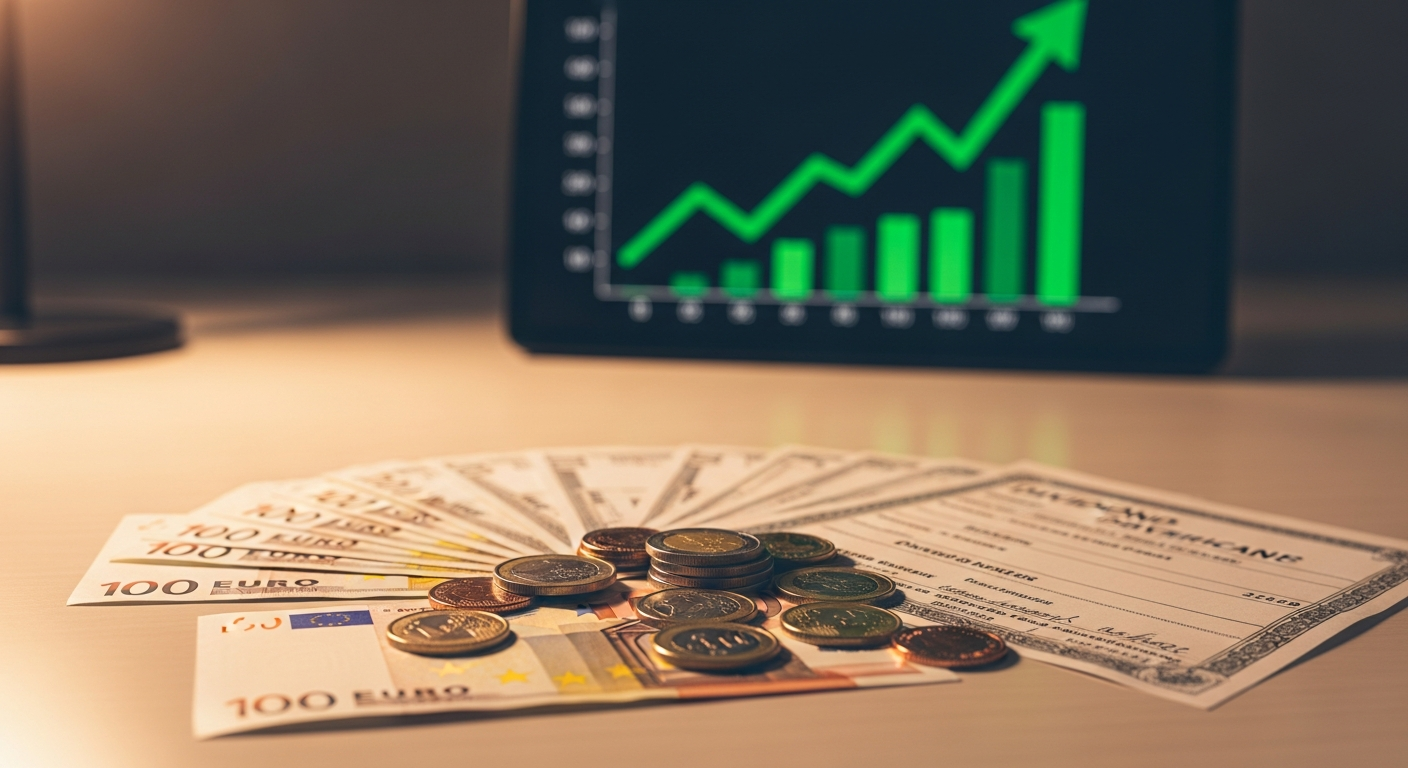 Dividendenaktien 2026 - Euro-Geldscheine und Aktienzertifikate auf Schreibtisch