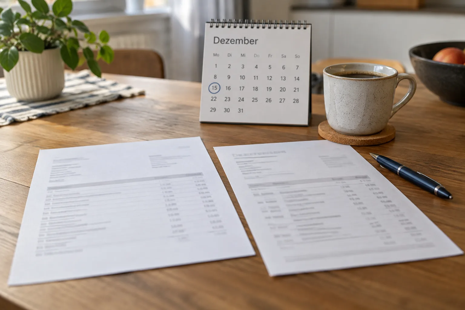 Zwei Depotauszüge verschiedener Banken auf einem Holztisch, daneben ein Kugelschreiber, eine Tasse Kaffee und ein Tischkalender mit eingekreistem 15. Dezember